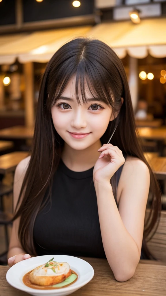 Cute girl working at a cafe terrace　Japanese　１９age　
Professional Lighting　Digital SLR　Beautiful and elaborate face　Perfect and beautiful face　Big eyes Smile