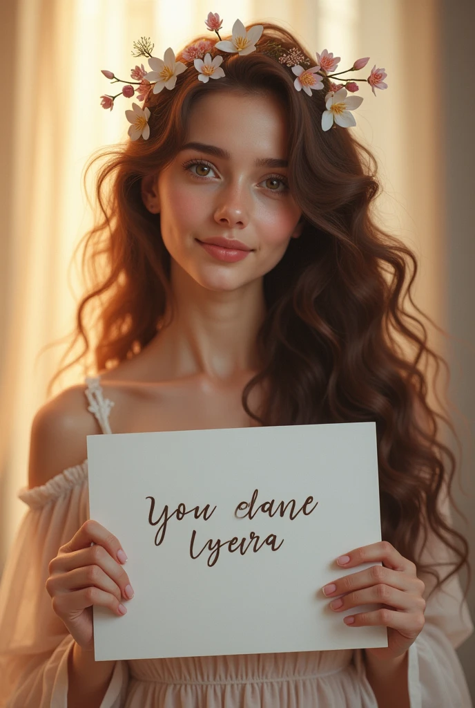 Beautiful girl with wavy long hair, bohemian dress, holding a white board with text "I Love you" and showing it to the viewer