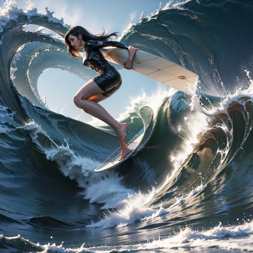 (Luminism:1.28), Side view, TopQuality 8K Masterpiece (ProfessionalPHOTO:1.37) Extremely Detailed (A girl Balancing on a Life Size surfboard), Colorful morning Glory Rays, (There is Only one surfboard under her feet:1.32) Sparkling Waves Splashing water Particles, Glowing Wet Hair, hourglass body type, Dynamic motion blur, Perfect Hand, (Surfing Photos:1.4) 