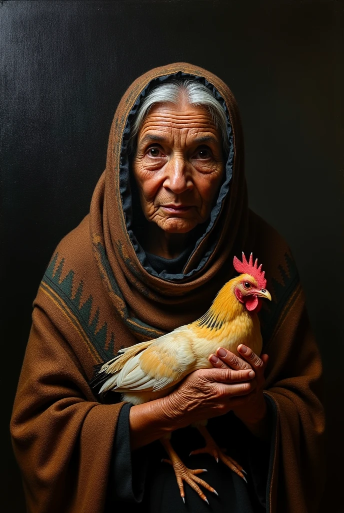uman damle, arte Baroque, , mysterious, provocative, Symbolic, complex, detailed, (masterpiece, Maximum quality, elderly Mexican indigenous Otomi woman,(indigenous traits)with Mexican woven shawl, held a chicken, high contrast,.very dark,. style photos of, uman damle, Caravaggio, Baroque