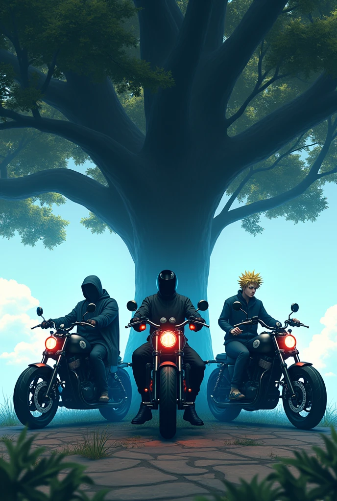 Anime big 3 as ghost riders parked by a tree