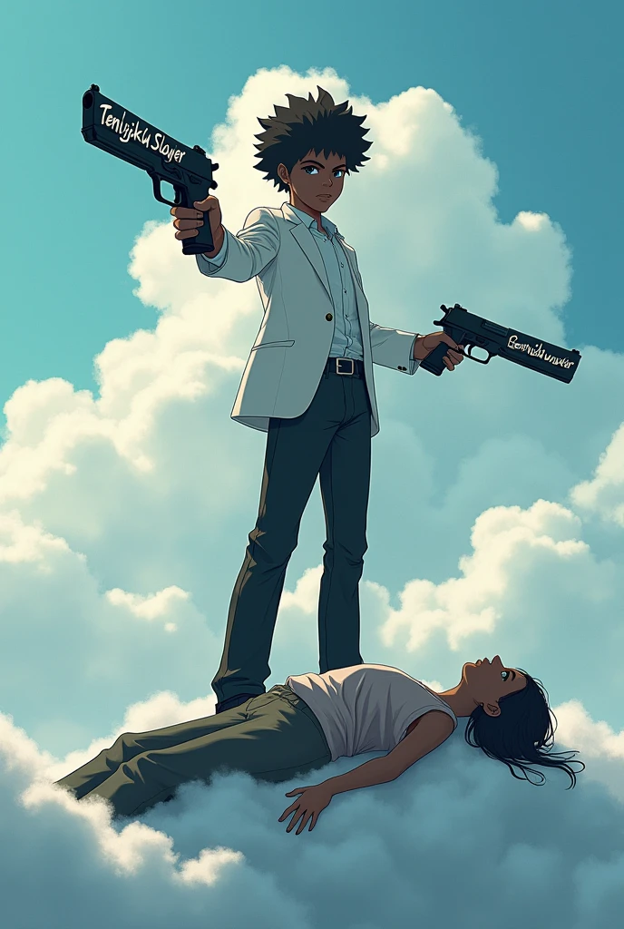 black kid anime kid with guns that have the word Tenjiku slayer in cursive while he is sitting on clouds with someone injured while he stands on them and he has a white suit all black pants and has black skin