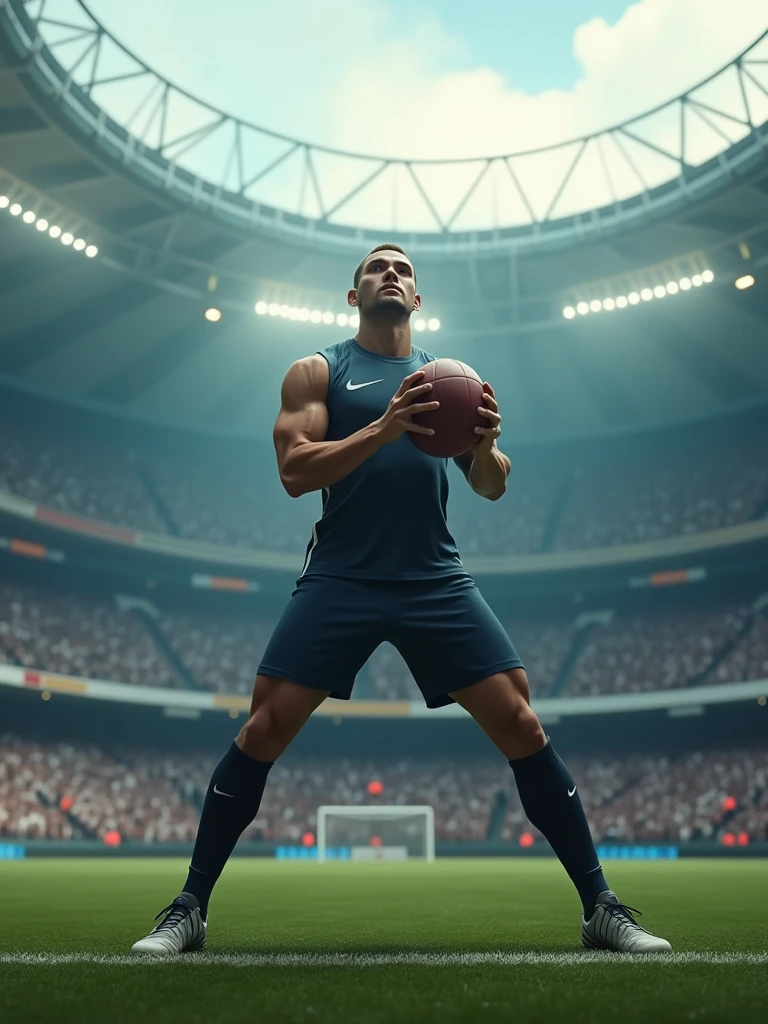 a person in the middle of stadium wearing sports clothing and ready to throw a ball, cinematic, 4k resolution