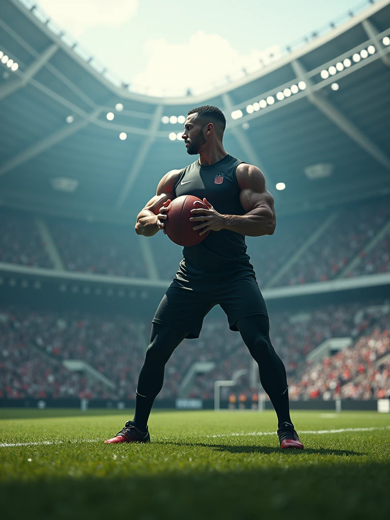 a person in the middle of stadium wearing sports clothing and ready to throw a ball, cinematic, 4k resolution