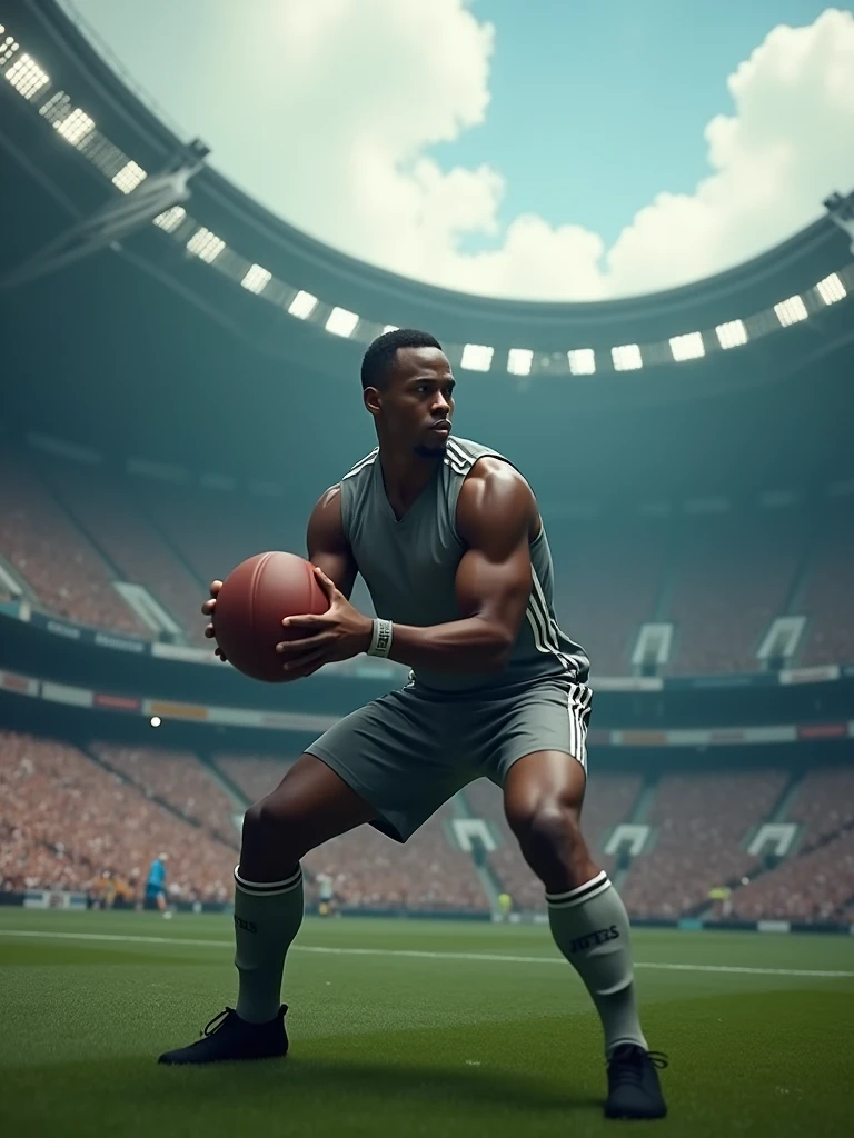 a person in the middle of stadium wearing sports clothing and ready to throw a ball, cinematic, 4k resolution