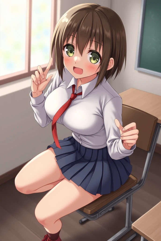 high school student, girl, Brown Hair, Short Hair, (Short), uniform, (classroom), ((show nipples)), ((masturbation)), ((touch pussy)), (clothes lift), ((Small breasts)), orgasm face, pussy juice, topless, ((Put finger inside pussy)), (intense), ((Very small breasts)), Sit on a desk, spread legs, Looking up, Embarrassed, Playing with pussy, orgasm, ((Intense squirting)), ((Female ejaculation))