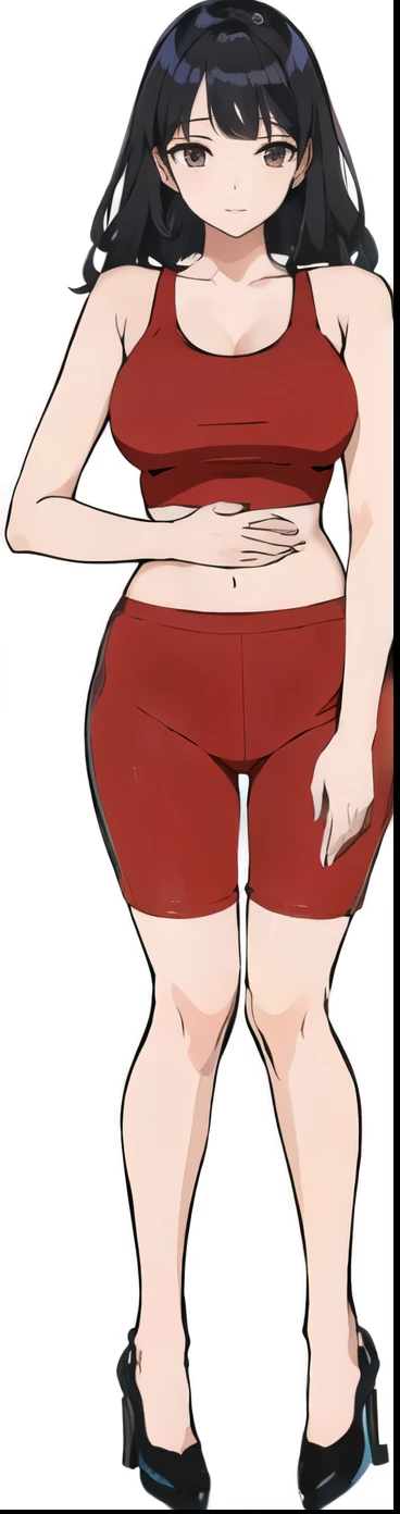 Wearing a tight top,穿紧身短裤的女子 thigh, Legs tucked, thigh, thigh!!!!!!,Bending the waist, Hands over your stomach,Long hair
