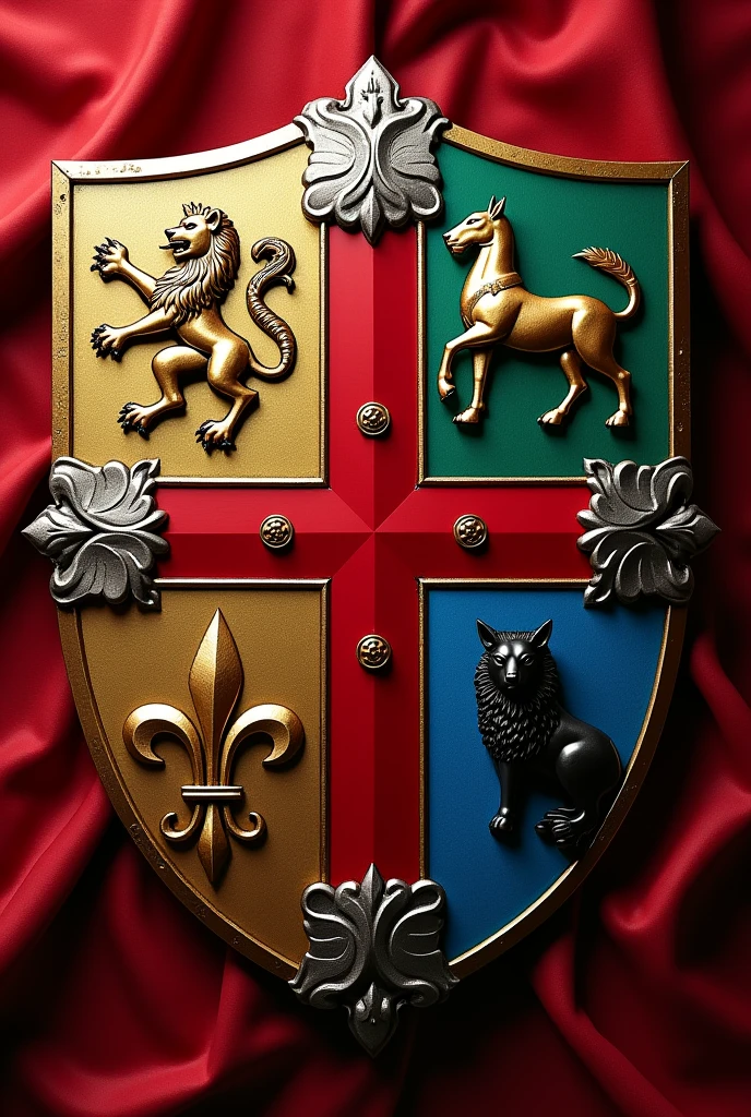 Create an epic family shield divided into four, with a red Calatrava cross charged with five silver scallops and azure and silver wave tips, rampant lion and the green tablecloth, goat on a field of gold, golden fleur-de-lis and a black wolf of saple, with the colors red, dorado, blue and green 