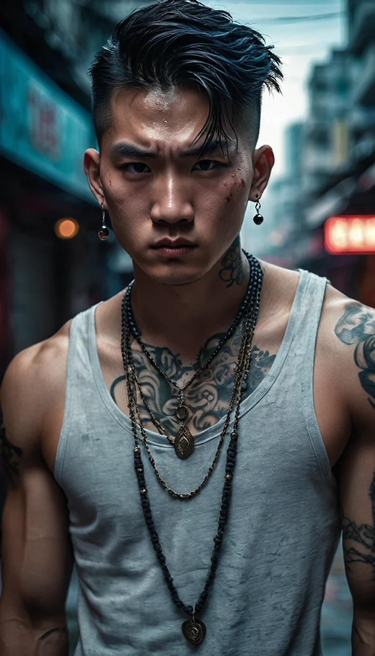 Photo of a man, half-body, extremely handsome, 15 years old, muscular, tattooed, wearing a necklace, hair tied up, street scene, gangster style, romance, Hong Kong cinema. Their eyes are filled with sadness and longing. The background is a trail of blood and violence. Cinematic lighting, high detail, 8k, artstation, conceptual art, dark fantasy. Photo taken with Canon EOS R5 85mm f/11 camera, ((sharp)) mode of people and surrounding scenery. Image quality ((8K)), ((realistic)), ((masterpiece)), ((sharpest and highest contrast)), ((excellent depth of field)), ((stereoscopic lighting)), ((angry, ferocious)), detailed pores, , ((Direct light on face)), bright moonlight.