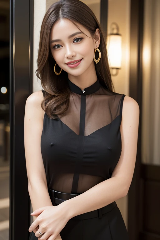 masterpiece, Highest quality, Realistic, Very detailed, Finer details, High resolution, 8k wallpaper, One beautiful woman, Wear an elegant black see-through blouse, At the entrance to a great restaurant in Omotesando, At night, Light brown hair, Perfect dynamic composition, Beautiful and beautiful eyes、Big earrings、Sleeveless shirt、(((whole body)))、(((standing smiling)))