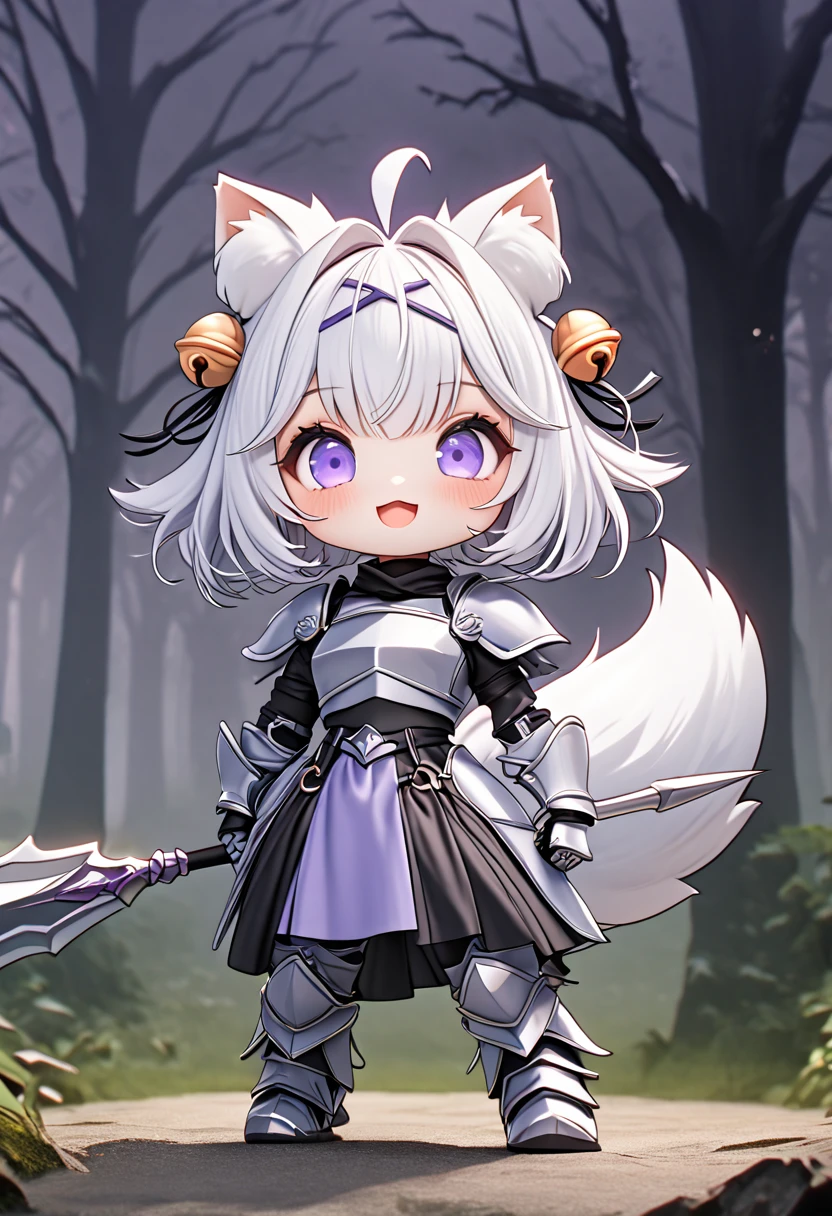 master piece, best quality, ultra-detailed, illustration, 1girl, solo, chibi, (big head), cute pose, front view, looking at viewer, ((full body Close up)), filian, filianoverall, Filiansailor, ((white hair)) , short hair, shoulder length hair, fly-away hair, purple hair ornament, bangs, purple hairclip, cat ears, (hair bell:1.3) ahoge, purple eyes, open mouth, smiling, (white fox tail), ((spear knight outfit)), knight's armor, metal breastplate, armored gloves, holding a spear , metal greaves, armored boots, spooky forest background, gloomy atmosphere, broken trees