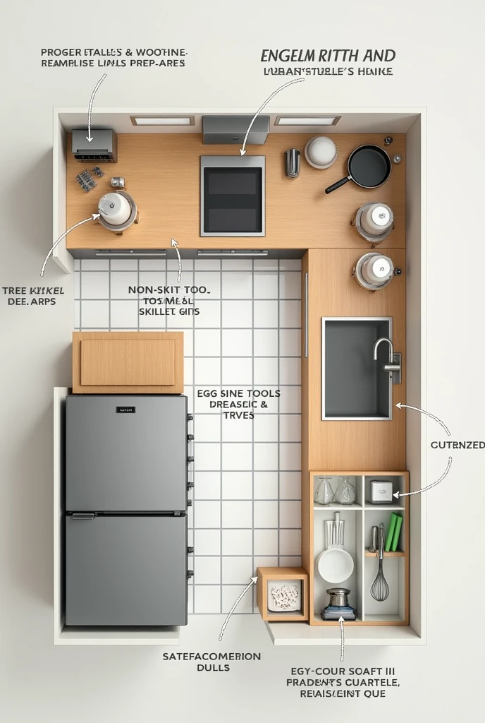 Give me a picture of easy drawing designing a kitchen layout that optimizes the use of tools for efficient egg preparation

Work Triangle: Arrange the stove, sink, and refrigerator in a triangular layout to minimize movement between these key areas.

Prep Area: Place a spacious countertop near the stove for cracking and beating eggs.

Storage: Have an accessible drawer or shelf near the prep area for storing egg-related tools like beaters, spatulas, and measuring cups.

Cooking Station: Position a non-stick skillet or frying pan close to the stove for easy cooking.

Cleaning Zone: Place the sink near the prep area for easy cleanup, with dish soap and sponges within reach.

Utensil Organizer: Use a utensil drawer or container near the prep area to keep essential tools like whisks, tongs, and ladles handy.