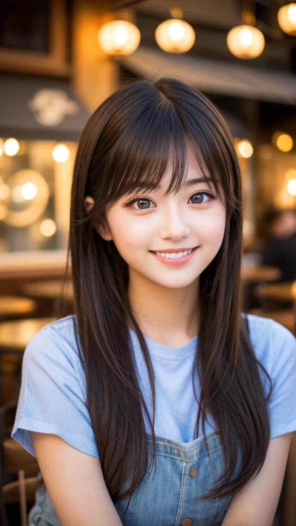 Cute girl working at a cafe terrace　Japanese　１９age　
Professional Lighting　Digital SLR　Beautiful and elaborate face　Perfect and beautiful face　Big eyes Smile