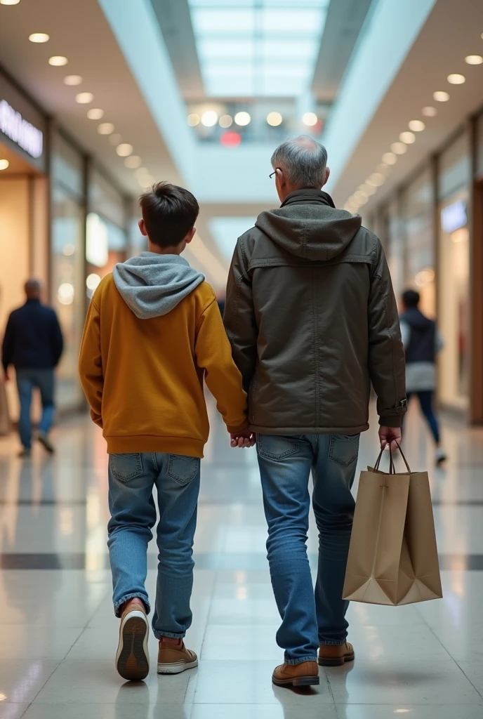 a boy with gis father in shopping mall. the image will be in man looking