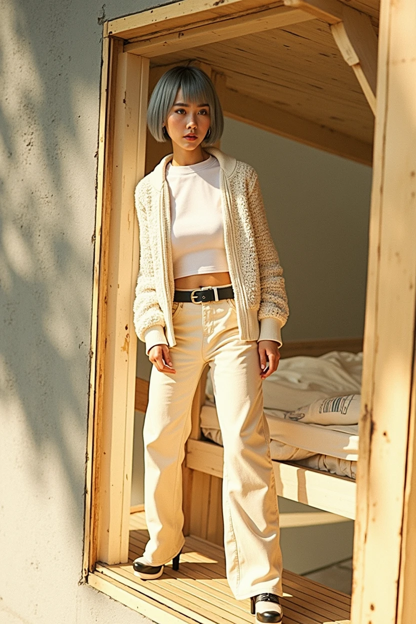 (RAW photo, best quality, masterpiece: 1.2), (photorealistic: 1.4), best lighting, 20 years old, (detail face, detail eyes, light gray eyes, light gray hair, short straight bob cut, Symmetrical eyes, medium breasts :1.3)