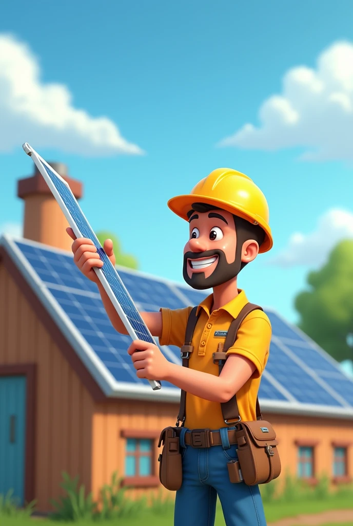 Animated image showing an electrical engineer installing solar panels in a community that needs them and this community looks happy for his help