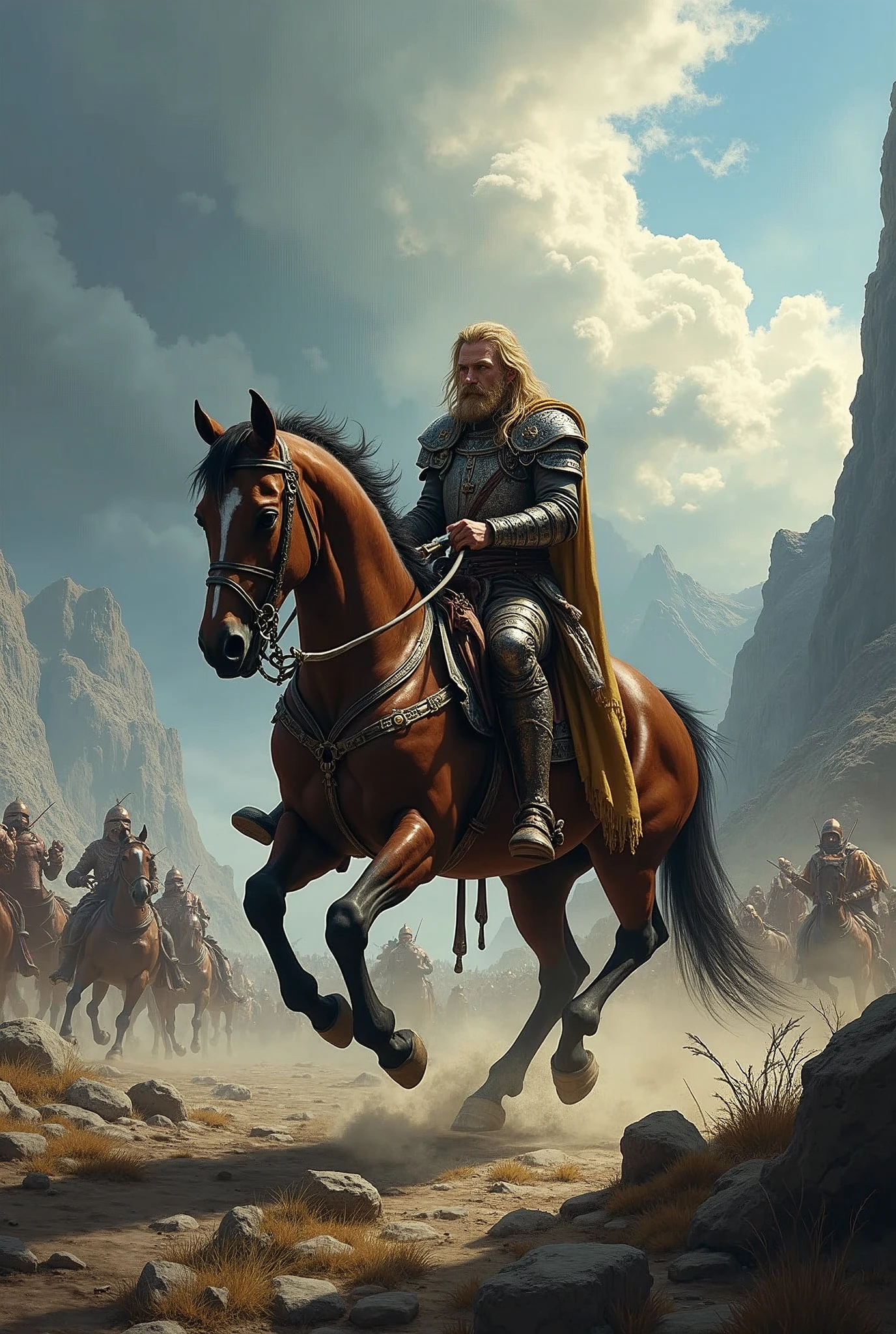 A warrior lion, imposing and confident, riding his black horse , crossing a bridge full of zombies