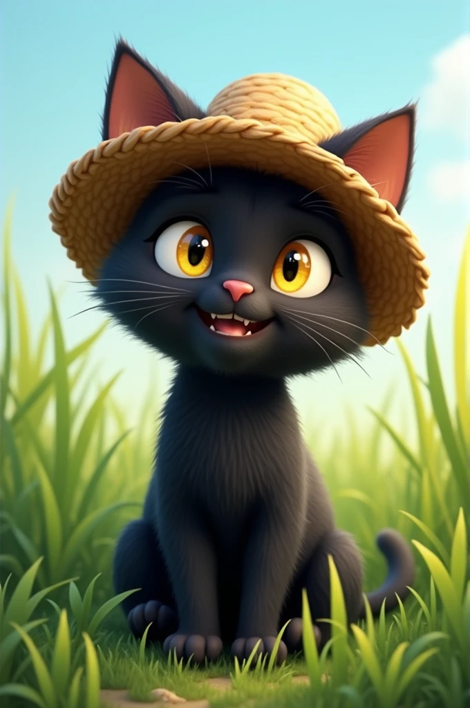 Smiling black cat wearing a straw hat in the grass
