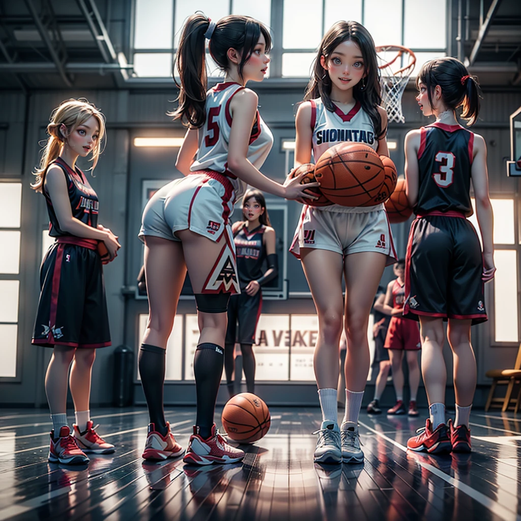 ExtremelyDetailed (((Basketball Team Girls in a row:1.4))), Childish perfect face, Reflective Eyes, Detailed(Delicate Clothing textures), Corrected Leg to Foot Line, Corrected Perfect Hand, Dynamic Joyful Expressions LifeLike Rendering, ((Specular Reflection:1.28)), TopQuality 8K Ultra-detailed masterpiece (ProfessionalPhoto:1.37)(Acutance:0.8),(Luminism:1.22), ((Changing Clothes Exposed Underwear))