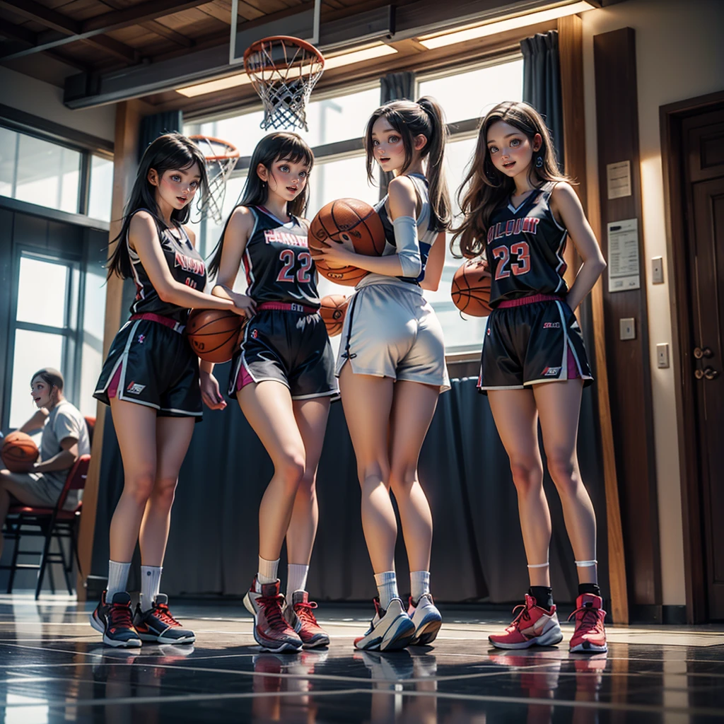 ExtremelyDetailed (((Basketball Team Girls in a row:1.4))), Childish perfect face, Reflective Eyes, Detailed(Delicate Clothing textures), Corrected Leg to Foot Line, Corrected Perfect Hand, Dynamic Joyful Expressions LifeLike Rendering, ((Specular Reflection:1.28)), TopQuality 8K Ultra-detailed masterpiece (ProfessionalPhoto:1.37)(Acutance:0.8),(Luminism:1.22), ((Changing Clothes Exposed Underwear))