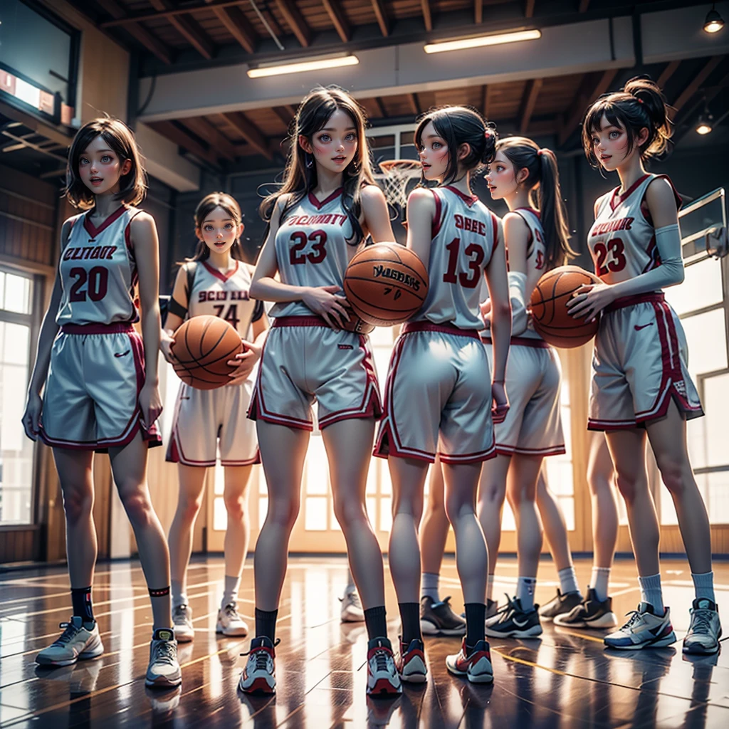 ExtremelyDetailed (((Basketball Team Girls in a row:1.4))), Childish perfect face, Reflective Eyes, Detailed(Delicate Clothing textures), Corrected Leg to Foot Line, Corrected Perfect Hand, Dynamic Joyful Expressions LifeLike Rendering, ((Specular Reflection:1.28)), TopQuality 8K Ultra-detailed masterpiece (ProfessionalPhoto:1.37)(Acutance:0.8),(Luminism:1.22), ((Changing Clothes Exposed Underwear))