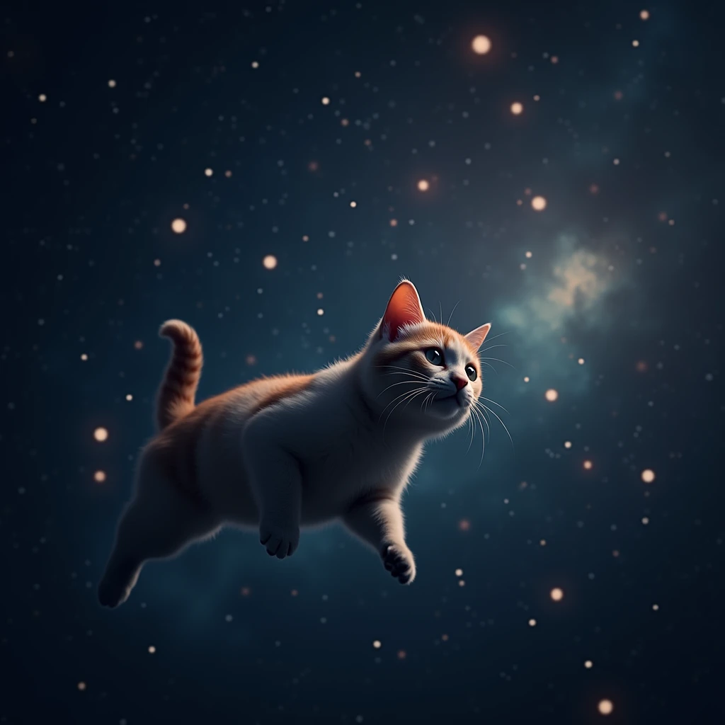 A cat drifting in space, endless starry sky, highly detailed, cinematic lighting, muted colors, photorealistic, 8K, (best quality:1.2), (extremely detailed:1.3), (intricate details:1.25), (masterpiece:1.2), (photorealistic:1.37), cat in space, cat floating in space, cat in starry night sky, cat among stars, cat surrounded by stars, cat in deep space, cat in galaxy, cat in cosmos, cat in cosmic landscape, feline astronaut, cat spaceship, cat space explorer, futuristic, sci-fi, surreal, atmospheric, moody, serene, calm, melancholic