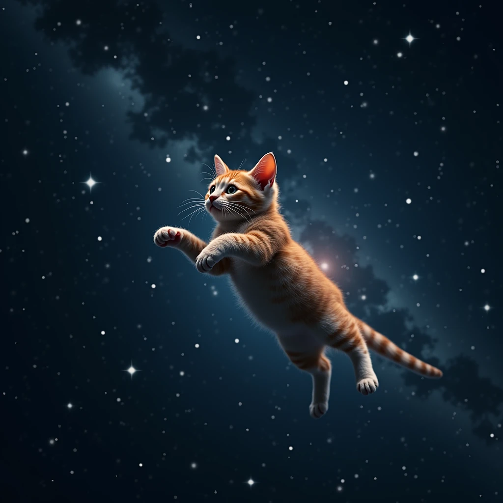 A cat drifting in space, endless starry sky, highly detailed, cinematic lighting, muted colors, photorealistic, 8K, (best quality:1.2), (extremely detailed:1.3), (intricate details:1.25), (masterpiece:1.2), (photorealistic:1.37), cat in space, cat floating in space, cat in starry night sky, cat among stars, cat surrounded by stars, cat in deep space, cat in galaxy, cat in cosmos, cat in cosmic landscape, feline astronaut, cat spaceship, cat space explorer, futuristic, sci-fi, surreal, atmospheric, moody, serene, calm, melancholic