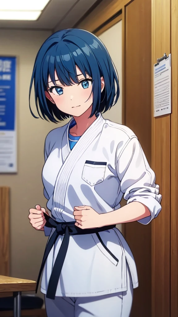 ((masterpiece, Highest quality, Very detailed, Very nice 8K CG wallpaper)), , A little thick, Medium Hair, Blue Hair, short hair, blue eyes,judo player、長袖judo着、Large bust、ロングjudoパンツ、judo、Cute expression、Inside the judo Gymnasium、、On the tatami、discovery、One Girl、whole body、rest、Haruka Kiritani、Bust Size C Cup、love affair、Date、Confessed