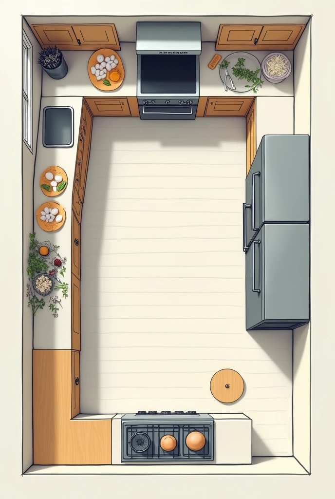 Give me a picture of easy drawing designing a kitchen layout that optimizes the use of tools for efficient egg preparation
Work Triangle: Arrange the stove, sink, and refrigerator in a triangular layout to minimize movement between these key areas.
Prep Area: Place a spacious countertop near the stove for cracking and beating eggs.
Storage: Have an accessible drawer or shelf near the prep area for storing egg-related tools like beaters, spatulas, and measuring cups.
Cooking Station: Position a non-stick skillet or frying pan close to the stove for easy cooking.
Cleaning Zone: Place the sink near the prep area for easy cleanup, with dish soap and sponges within reach.
Utensil Organizer: Use a utensil drawer or container near the prep area to keep essential tools like whisks, tongs, and ladles handy.