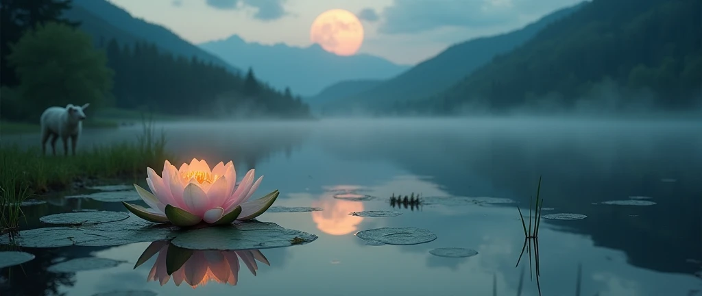 dust sceen , lake , lily flower on the lake , lamb and candle on lake , moon ,little plants , desktop wallpaper make it like a fine seen view