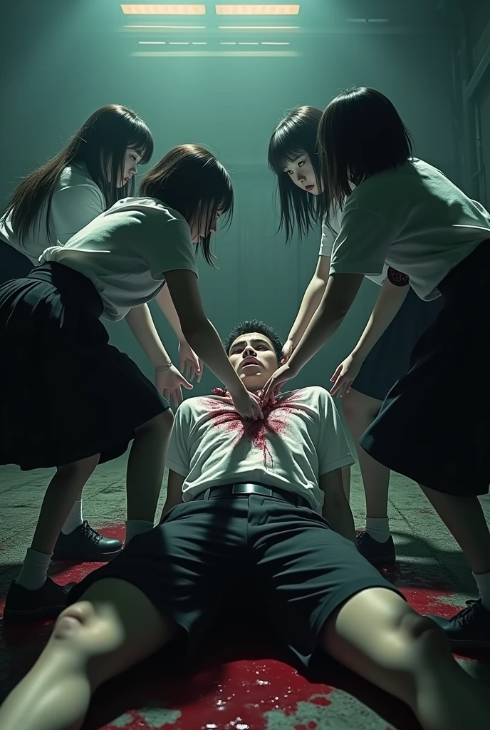 Group of school girls in long black skirts punching a dead boy&#39;s face on the floor with blood