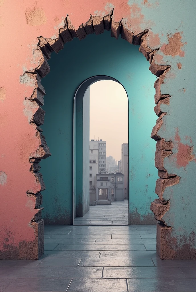An image can be generated where there is a colored mirror, a wall with broken edges and in which the interior shows a city with a shade of gray.