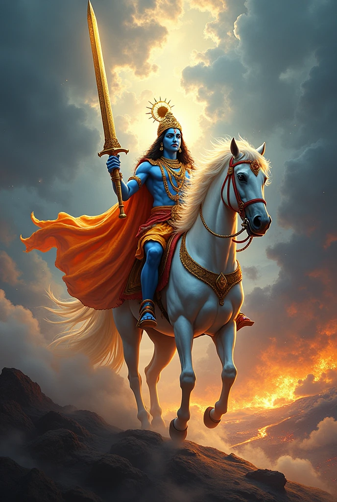 Kalki Bhagwan on white horse holding white swrod