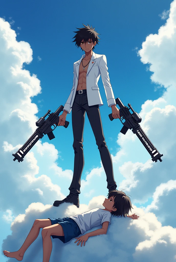 black  anime kid with guns that have the word Tenjiku slayer while he is sitting on clouds with a anime boy injured while he stands on them  and he has a white suit all black pants and has black skin