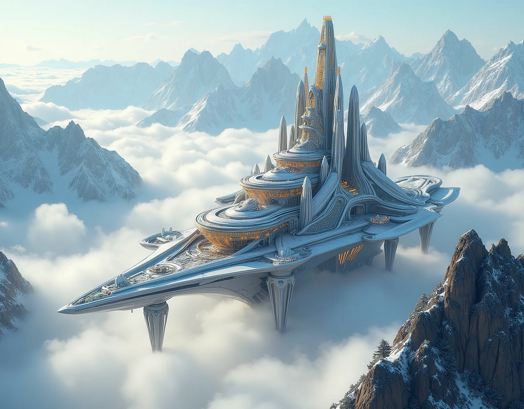 A breathtaking view of a futuristic palace, soaring above towering mountains, made of sleek glass and silver-gold materials. The palace is a stunning sight to behold, with 300 rooms that glisten in the sunlight. The structure appears to be floating on a sea of clouds, creating a surreal and otherworldly atmosphere. In the distance, one can see other smaller structures, creating a miniature city. The overall ambiance is a blend of high-tech sophistication and awe-inspiring beauty , retina, accurate, masterpiece, super detail, high details, best quality, award winning, highres, HD, 4K, 8k, 16k, retina, accurate, masterpiece, anatomically correct, textured skin, super detail, high quality, award winning, highres, 8k, 16k