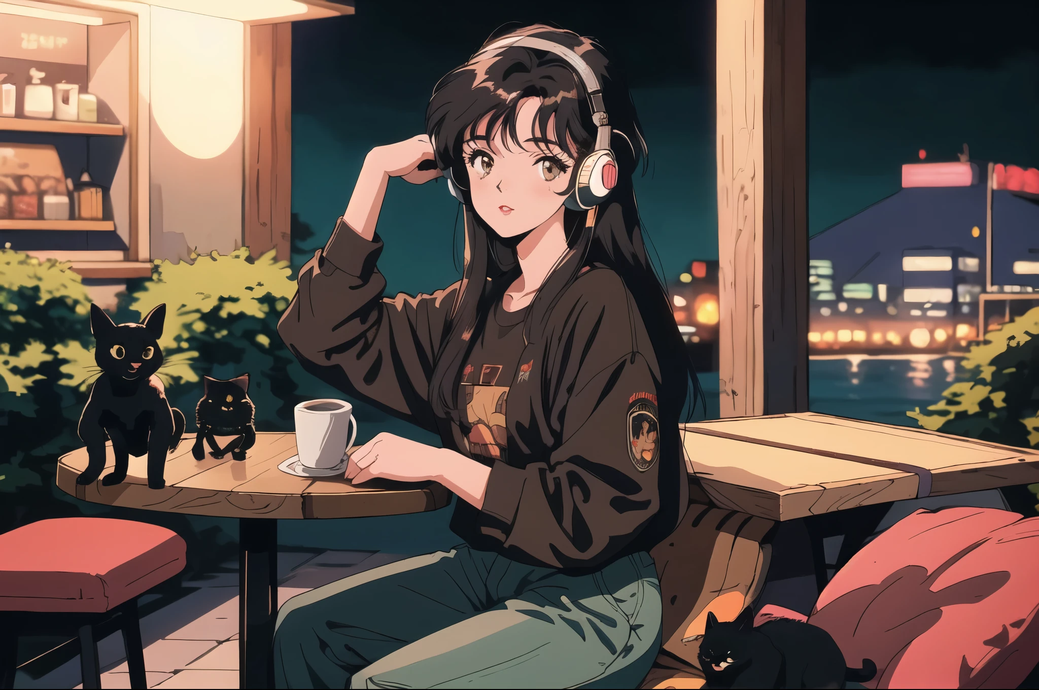 Highest quality, 8k, 1990s style,Hairstyles of the 2010s, 21 year old girl, Black Hair, Long Hair, Light brown eyes, City Pop, pants ,Night view, Wear headphones, whole body, Relax Coffee,table,making,look at me, Black cat