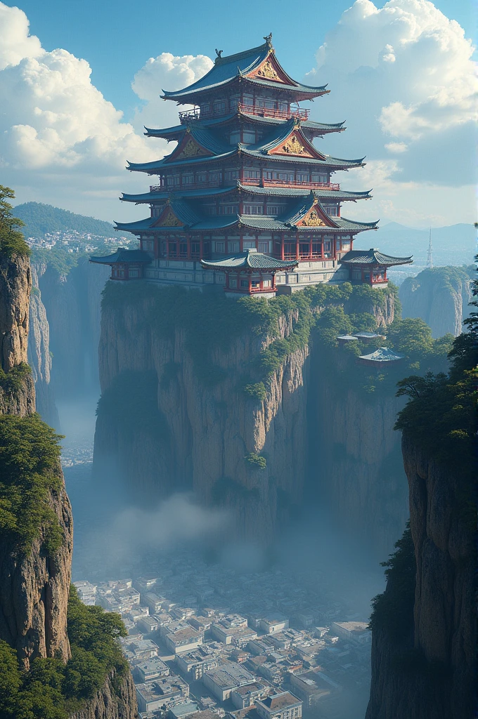 Japanese-style architecture Unstable Huge cliffs Tall Japanese-style architecture Grand cityscape Detailed and complex