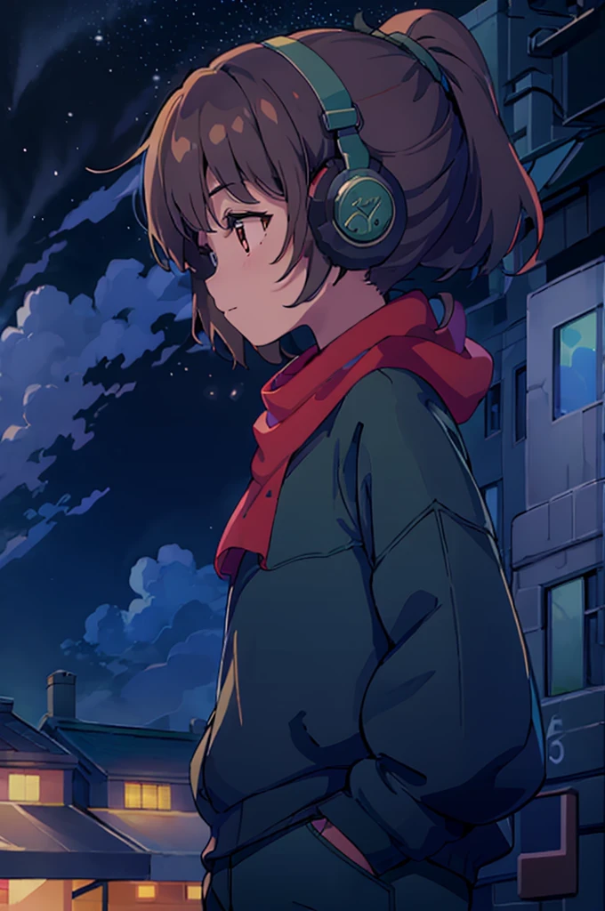 masterpiece, best quality,  1girl, solo, brown_hair,ponytail,headphones,green sweater,blue pants,red scarf, night, muted colors, monochrome, upper body, pixel art, night sky, clouds, profile