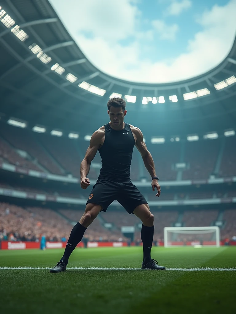 a person in the middle of stadium wearing sports clothing and ready to throw a ball, cinematic, 4k resolution