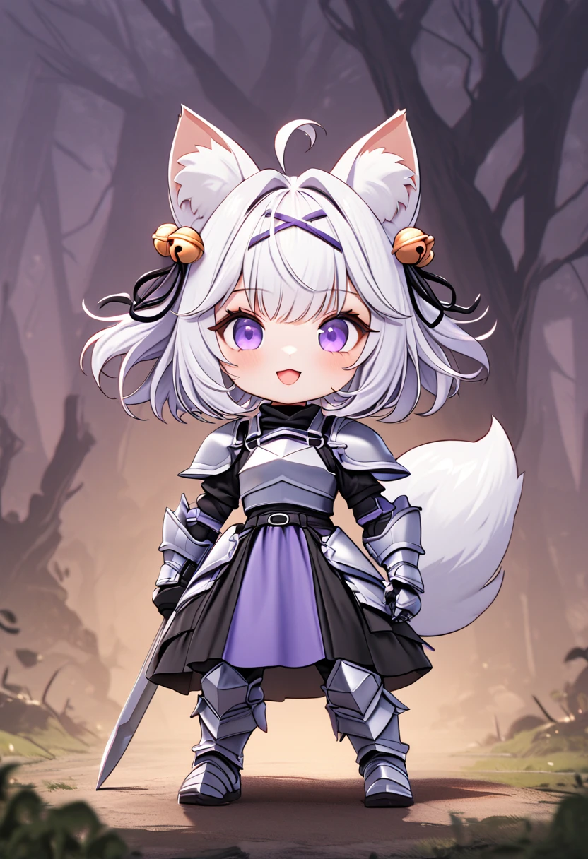 master piece, best quality, ultra-detailed, illustration, 1girl, solo, chibi, (big head), cute pose, front view, looking at viewer, ((full body Close up)), filian, filianoverall, Filiansailor, ((white hair)) , short hair, shoulder length hair, fly-away hair, purple hair ornament, bangs, purple hairclip, cat ears, (hair bell:1.3) ahoge, purple eyes, open mouth, smiling, (white fox tail), ((spear knight outfit)), knight's armor, metal breastplate, armored gloves, holding a heavy sword , metal greaves, armored boots, spooky forest background, gloomy atmosphere, broken trees