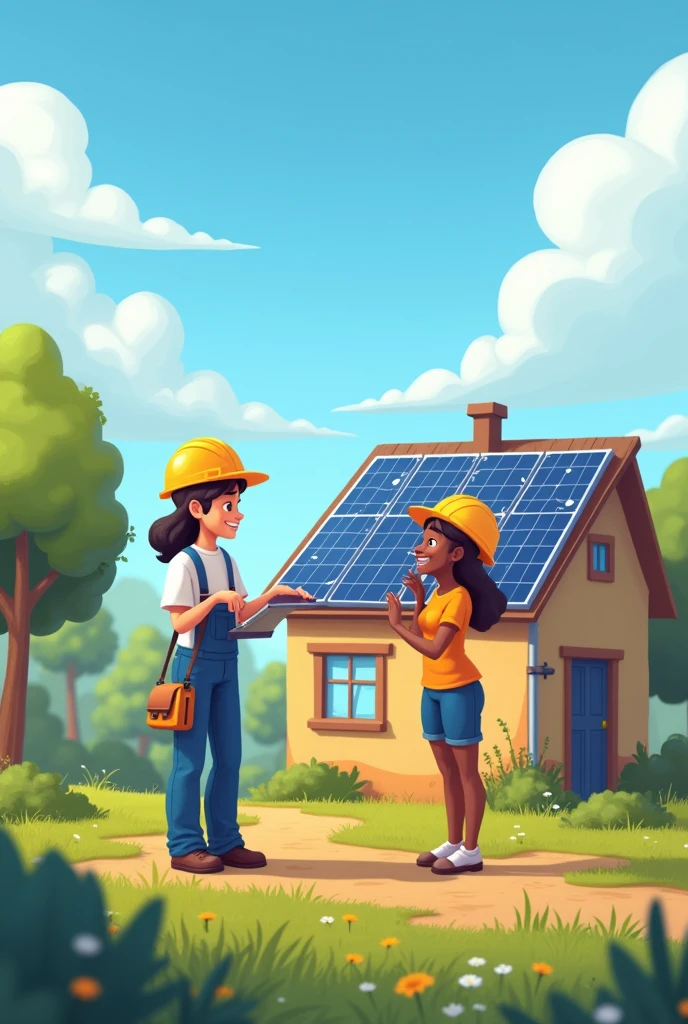 Animated image showing an engineer and a community installing solar panels in a community that needs them and this community looks happy for their help