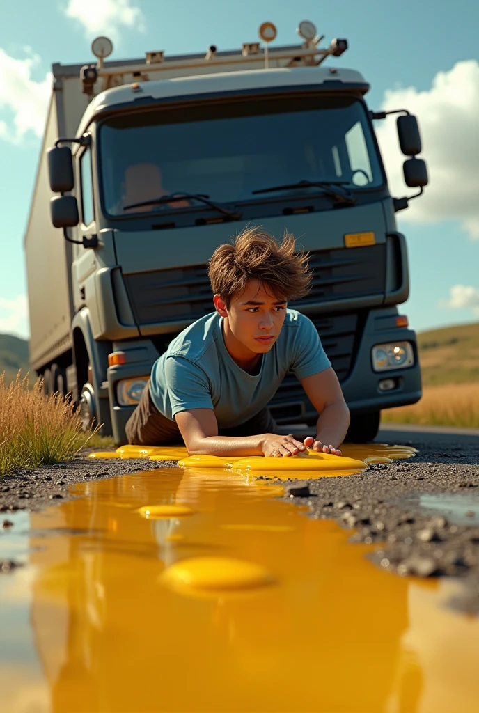 A brown-haired 15 year old France man in a blue T-shirt drives a truck that rolls over with his boday is hanging many uncooked egg yolk