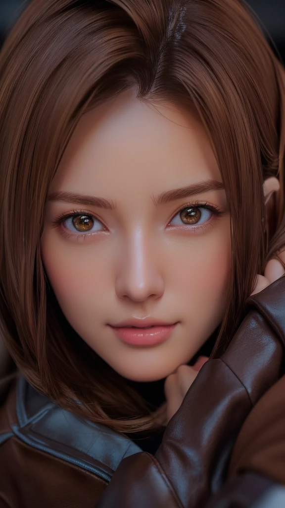 There is a woman with brown hair and a brown jacket, Soft Portrait Shot 8k, 8K Portrait Rendering, Realistic Anime 3D Style, Photorealistic Animation girl render, photoRealistic art style, 8K Art Germany Bokeh, 3D Anime Real, Realistic art style, Photorealistic Animation, [ 4K Photorealism ]!!