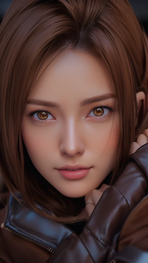 There is a woman with brown hair and a brown jacket, Soft Portrait Shot 8k, 8K Portrait Rendering, Realistic Anime 3D Style, Photorealistic Animation girl render, photoRealistic art style, 8K Art Germany Bokeh, 3D Anime Real, Realistic art style, Photorealistic Animation, [ 4K Photorealism ]!!