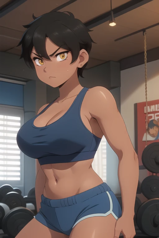 8K, (best quality, masterpiece:1.3), (detailed:1.2), 1girl, solo, ((26 year old, tanned bronze skin:1.02, short black hair:1.3, Detailed Amber eyes:1.03, Detailed face, medium breasts, narrow waist, wide hips, curvy (Wearing: Blue Sports bra, Blue Shorts:1.2)), (midriff), (agile physique:1.1), (Character Focus),Perfect Anatomy, Looking at Viewer. (Defensive pose), female fighter, martial artist, (Ideal ratio body proportions:1.1), she's looking directly at the camera with a (fierce, dangerous, determined) gaze. (Background: Indoors, Gym),