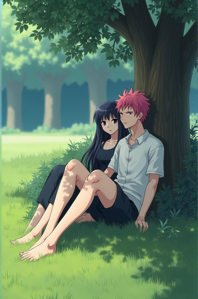 Saiki kusuo sitting on the grass with tomie by his side