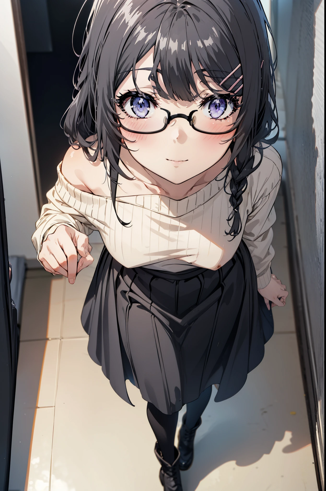 maisakurajima, mai sakurajima, Long braids, bangs, (Black Hair:1.5), hair ornaments, (Purple eyes:1.1), Hair Clip, rabbit hair ornaments,smile,blush,Glasses,One-shoulder sweater,Long skirt,Black pantyhose,short boots,Daytime,Clear skies,Walking,whole bodyがイラストに入るように,
break indoors, University corridor,
break looking at viewer, whole body,
break (masterpiece:1.2), Highest quality, High resolution, unity 8k wallpaper, (figure:0.8), (Beautiful attention to detail:1.6), Highly detailed face, Perfect lighting, Highly detailed CG, (Perfect hands, Perfect Anatomy),