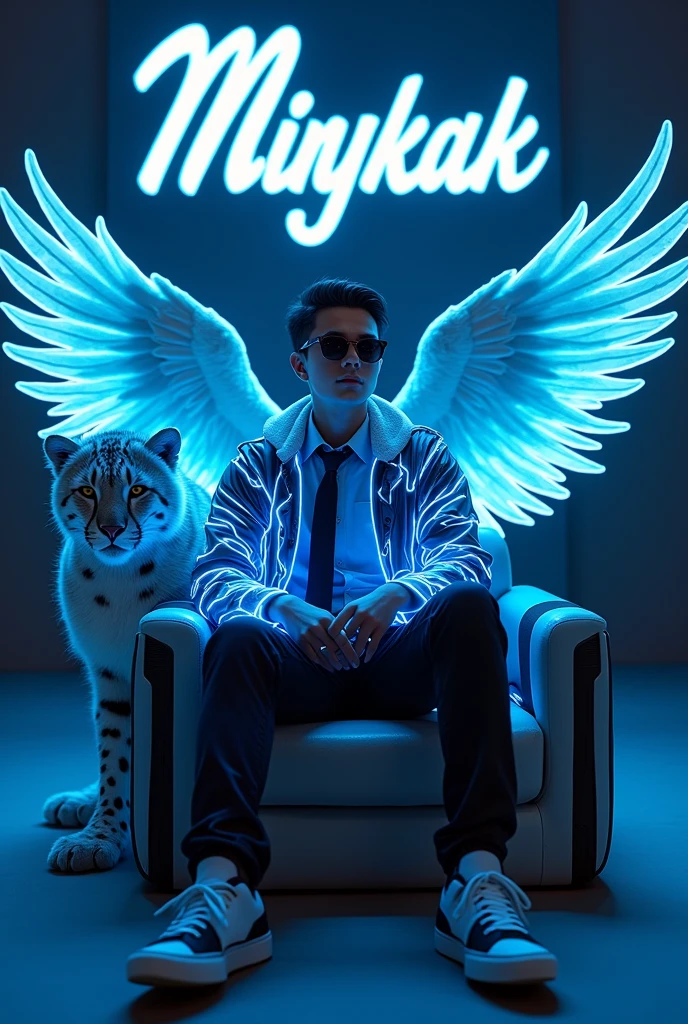 Create a 3D illusion for a profile picture where a handsome 20 year old young man with sunglasses and a t-shirt covered with a blue lightning jacket and wearing a tie sits relaxed on a helicopter fantasy. With HandPanch hand blue neon light. And a fierce White Cheetah by my side. Wearing sneakers, he looked ahead. The background features a large 'Mingkak' in the large Light Game Room and a large blue neon light font on a large black wall.. There should be no shadow, and there are wings to be made