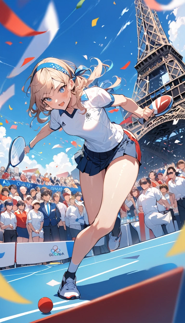 best quality, Good quality, 16K, Unbelievably ridiculous, Very detailed, 2.5D, Delicate and dynamic, Blue sky , table tennis,  Table tennis competition，拿table tennis拍，Tight sportswear，table tennis拍击球，Sweat，Short skirt，sexly的17岁女孩，挥动table tennis拍，Olympic，Olympic Games uniforms，Big ，sexly，Hit Ping Pong，Headband，Vision，whole body，crowd，A lot of people, Colorful contrails, Confetti, Olympic flag, crowd, audience, A lot of people々, gentlemen.々Race, gentlemen.々age, men and women, gentlemen.々nationality, Many flags，Under the Eiffel Tower，