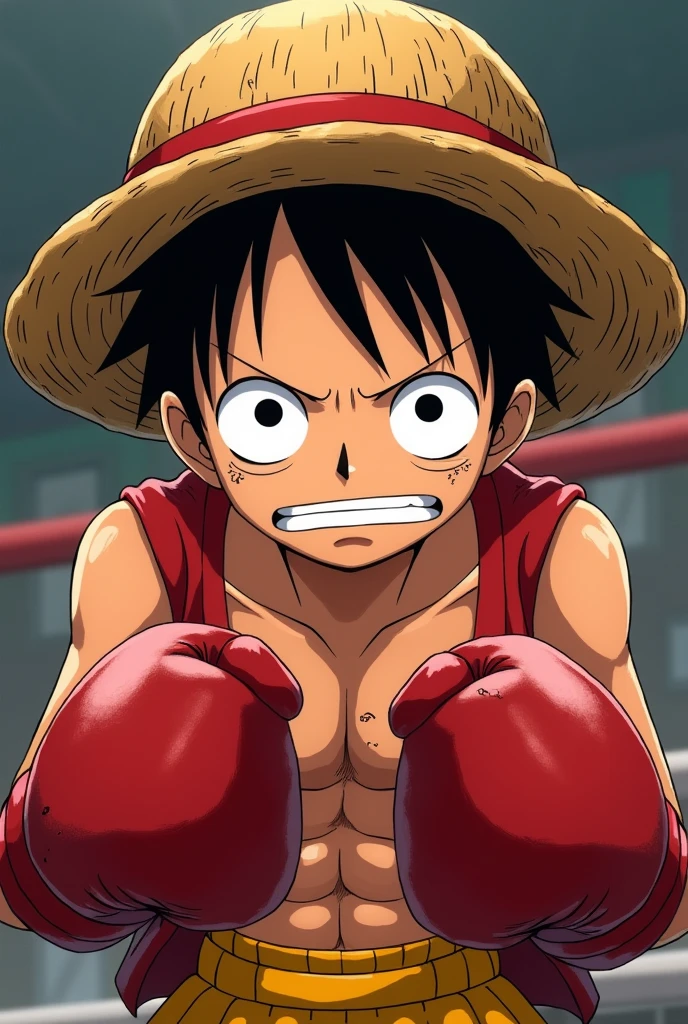 monkey d. Luffy luta Boxe, dirty gym, eyeballs, straw hat, serious expression, one piece.